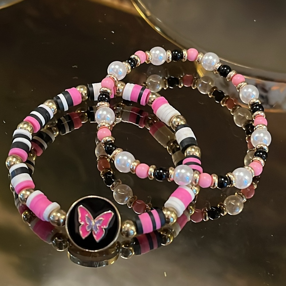 Pink and Black Butterfly Stretch Bracelet Set